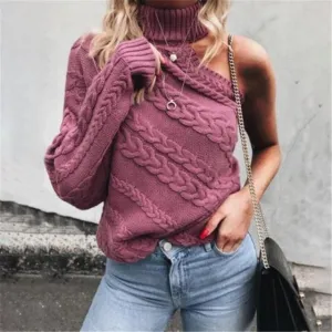 Long Sleeve Knitted One Shoulder Sweater solid Turtle Neck pullover
