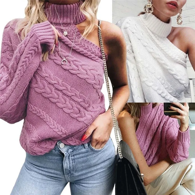 Long Sleeve Knitted One Shoulder Sweater solid Turtle Neck pullover