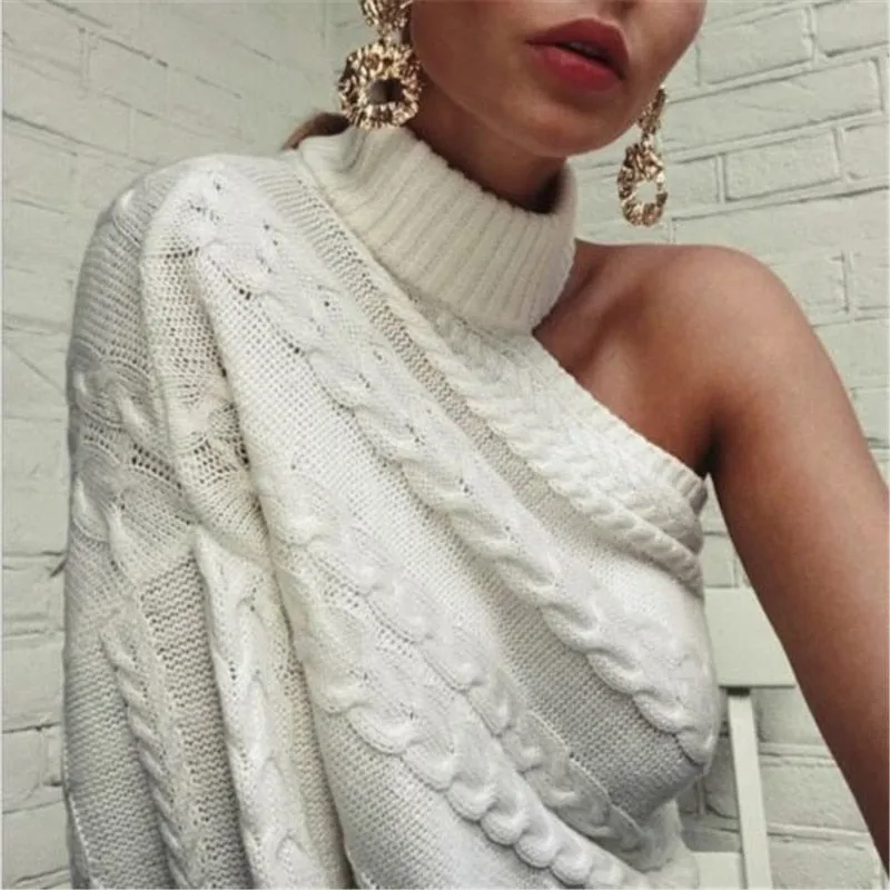 Long Sleeve Knitted One Shoulder Sweater solid Turtle Neck pullover