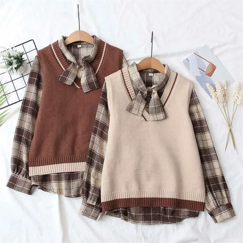 Long Sleeve Shirt   V Neck Vest Two Piece Set UB6187
