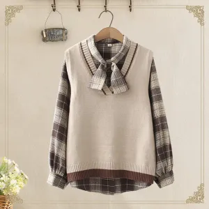 Long Sleeve Shirt   V Neck Vest Two Piece Set UB6187