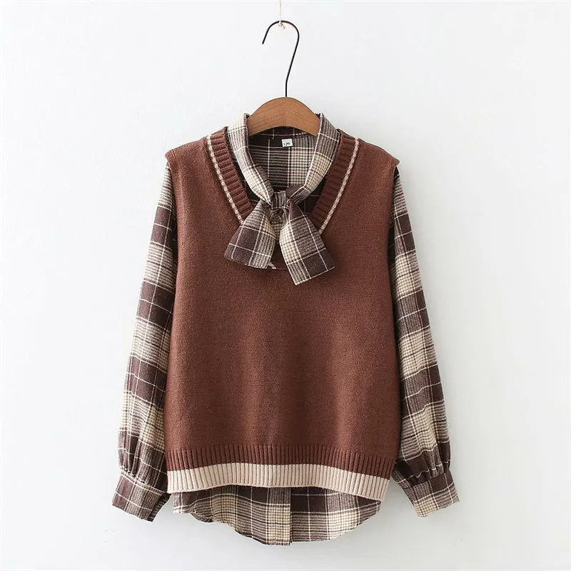 Long Sleeve Shirt   V Neck Vest Two Piece Set UB6187