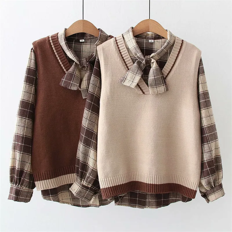 Long Sleeve Shirt   V Neck Vest Two Piece Set UB6187