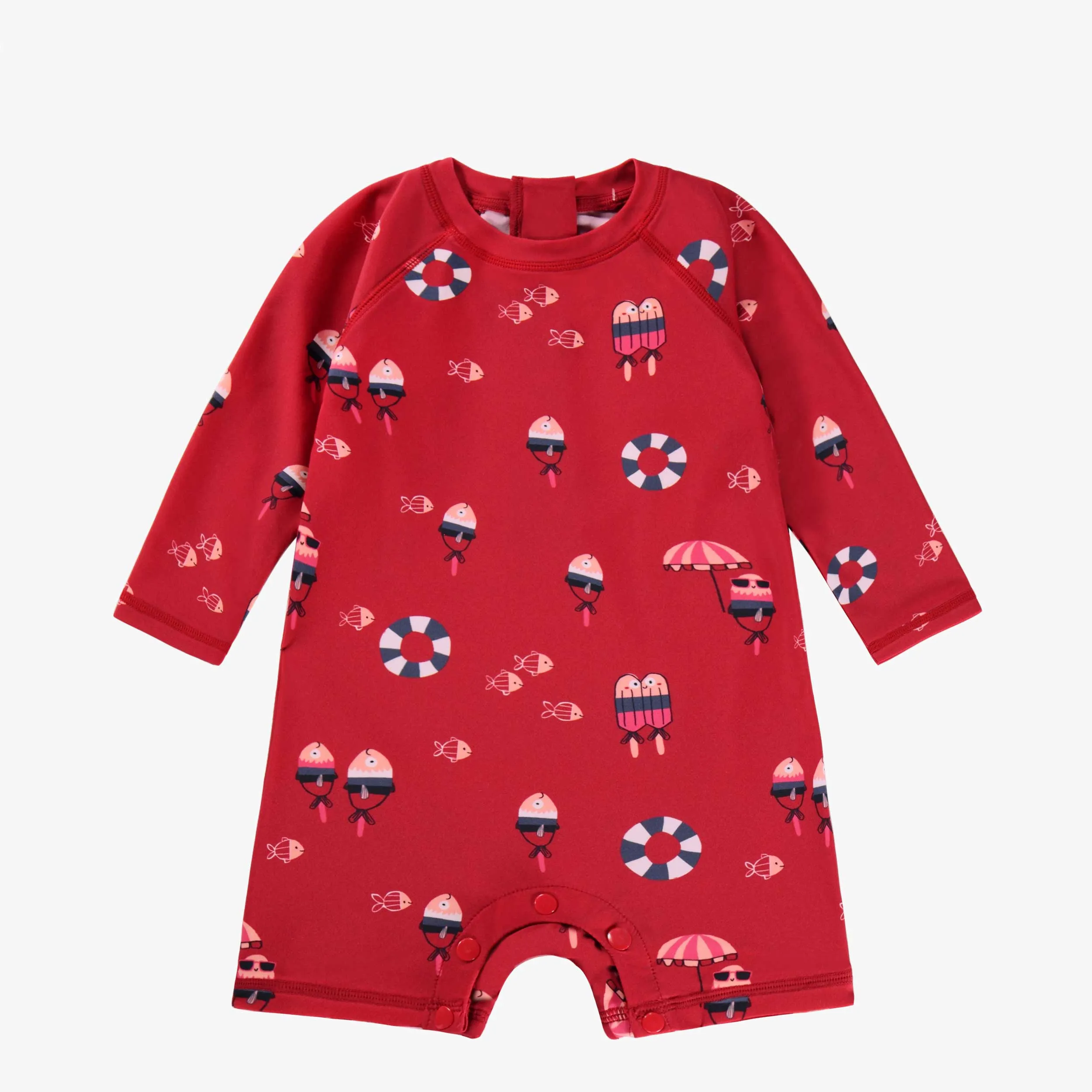Maillot de bain une-pièce rouge à motifs, bébé || Red one-piece swimsuit with all over print, baby