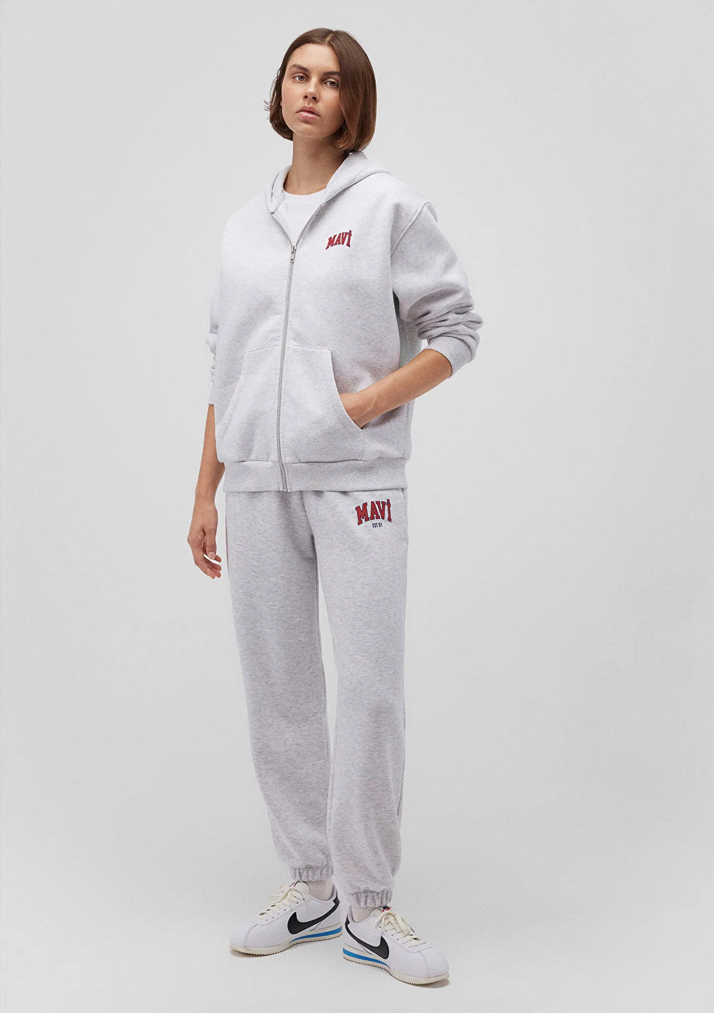 Mavi Logo Printed Hooded Grey Zip Up Sweatshirt