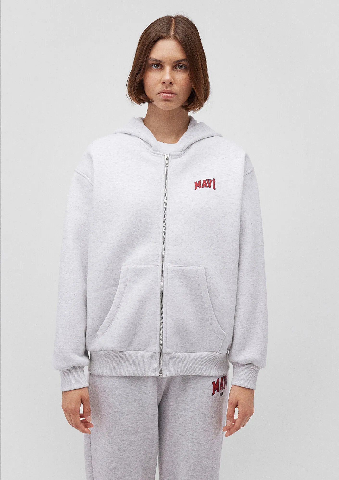 Mavi Logo Printed Hooded Grey Zip Up Sweatshirt