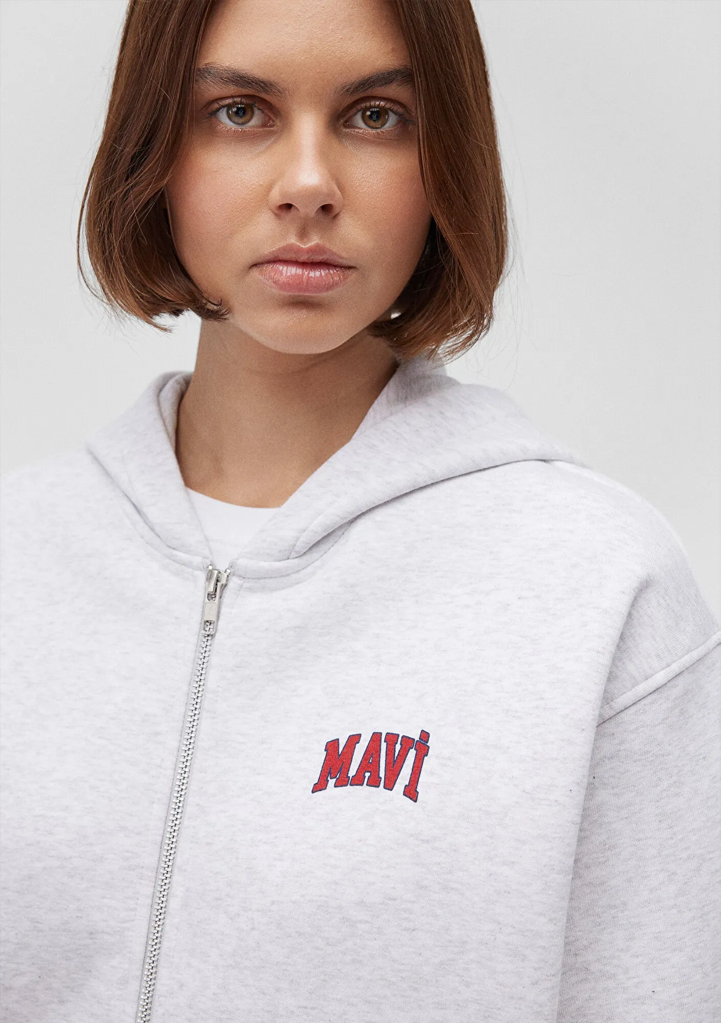 Mavi Logo Printed Hooded Grey Zip Up Sweatshirt