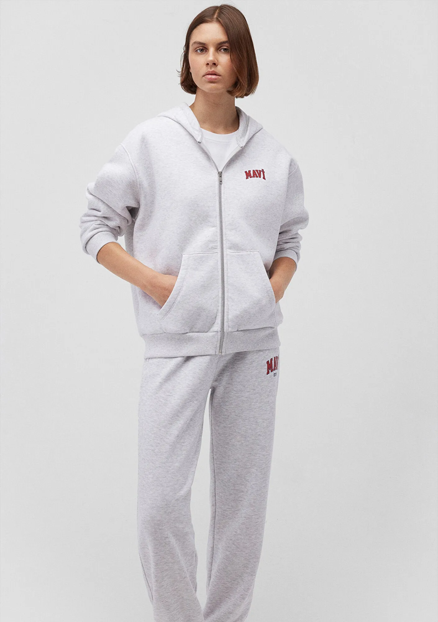 Mavi Logo Printed Hooded Grey Zip Up Sweatshirt