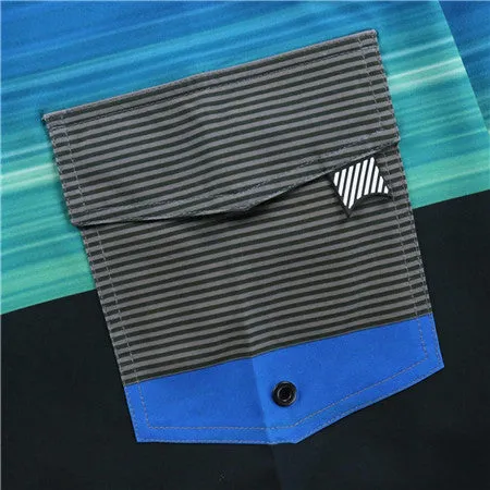 Men's Board Shorts in Grey, Light Blue, Green, & Black Stripes