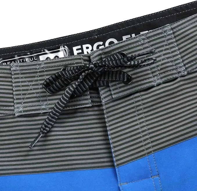 Men's Board Shorts in Grey, Light Blue, Green, & Black Stripes