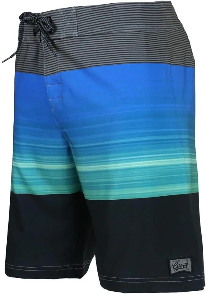 Men's Board Shorts in Grey, Light Blue, Green, & Black Stripes