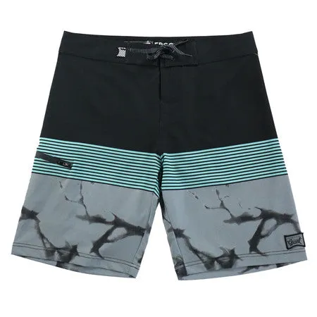 Men's Board Shorts with Black & Green Stripes, Gray Marble Pattern