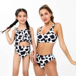 Modern Cow Print Tankini Swimsuit Set for Mother and Daughter  Stylish High-Waisted Swimwear with Ruffle Detail