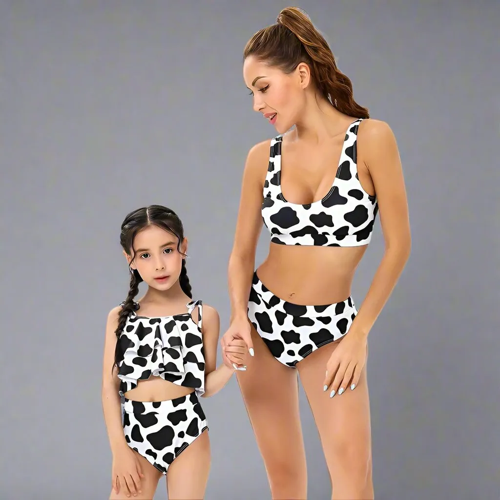 Modern Cow Print Tankini Swimsuit Set for Mother and Daughter  Stylish High-Waisted Swimwear with Ruffle Detail