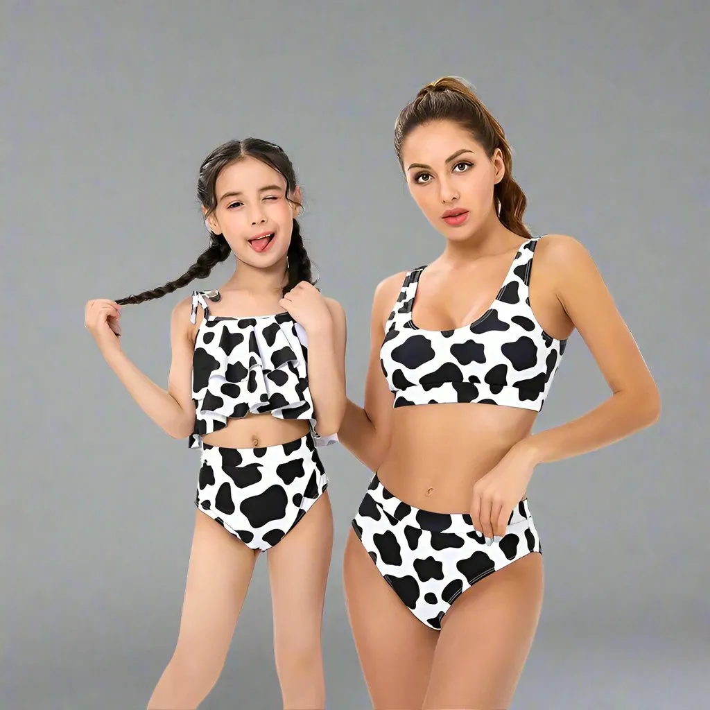 Modern Cow Print Tankini Swimsuit Set for Mother and Daughter  Stylish High-Waisted Swimwear with Ruffle Detail