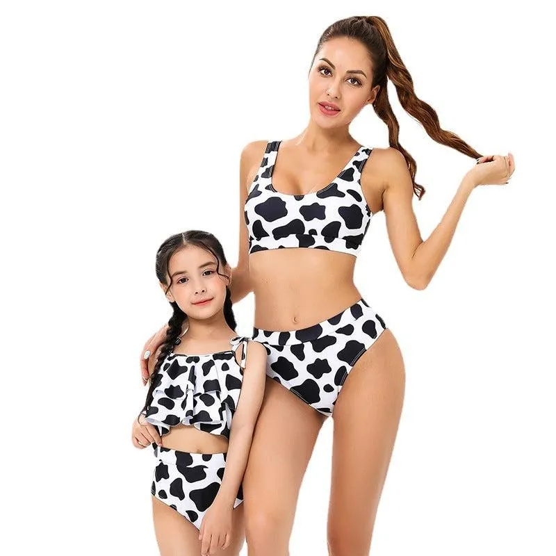 Modern Cow Print Tankini Swimsuit Set for Mother and Daughter  Stylish High-Waisted Swimwear with Ruffle Detail
