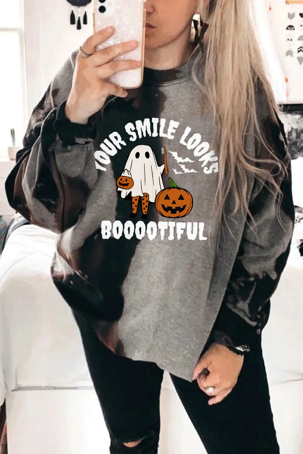 Multicolor YOUR SMILE LOOKS BOOOOTIFUL Halloween Graphic Sweatshirt
