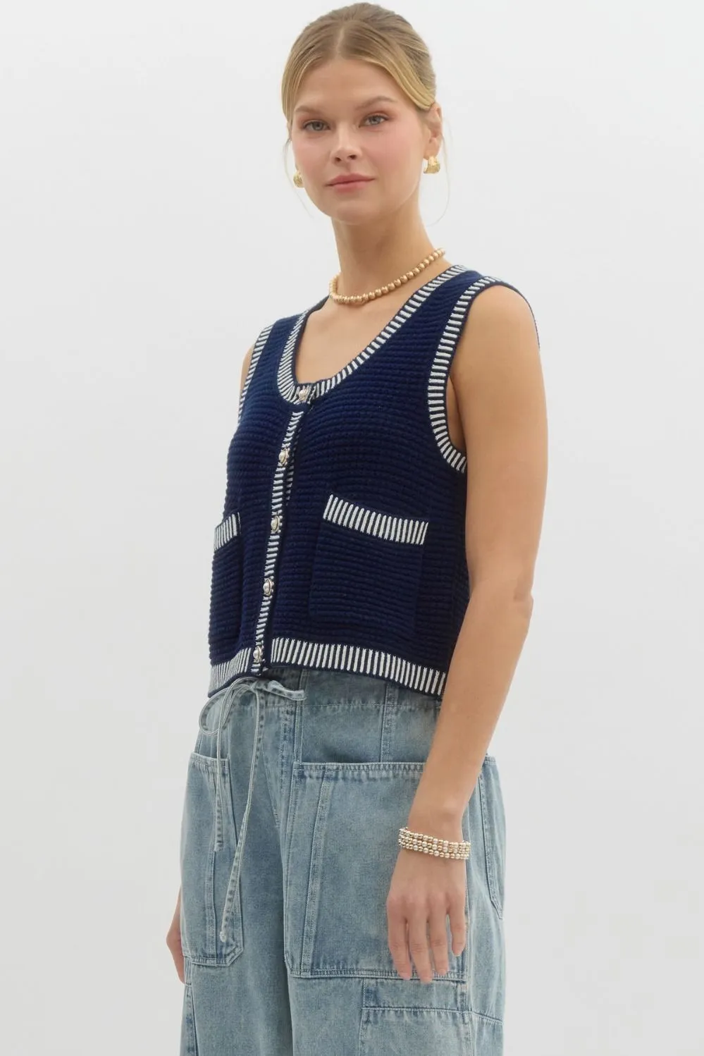 Navy Sleeveless Sweater Top