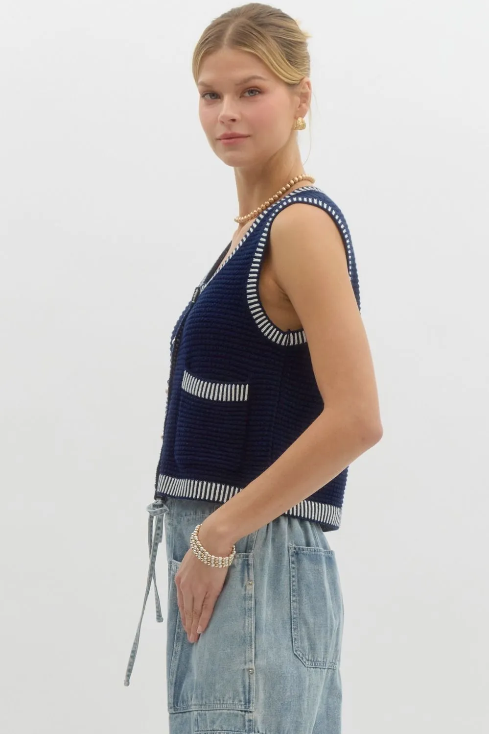 Navy Sleeveless Sweater Top