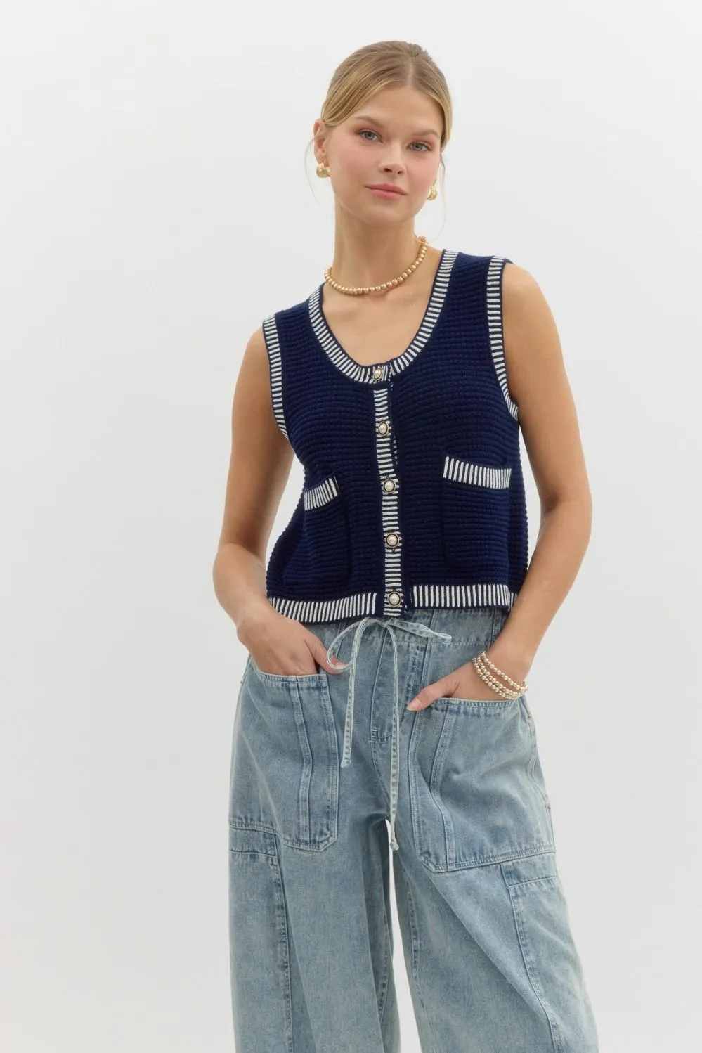 Navy Sleeveless Sweater Top