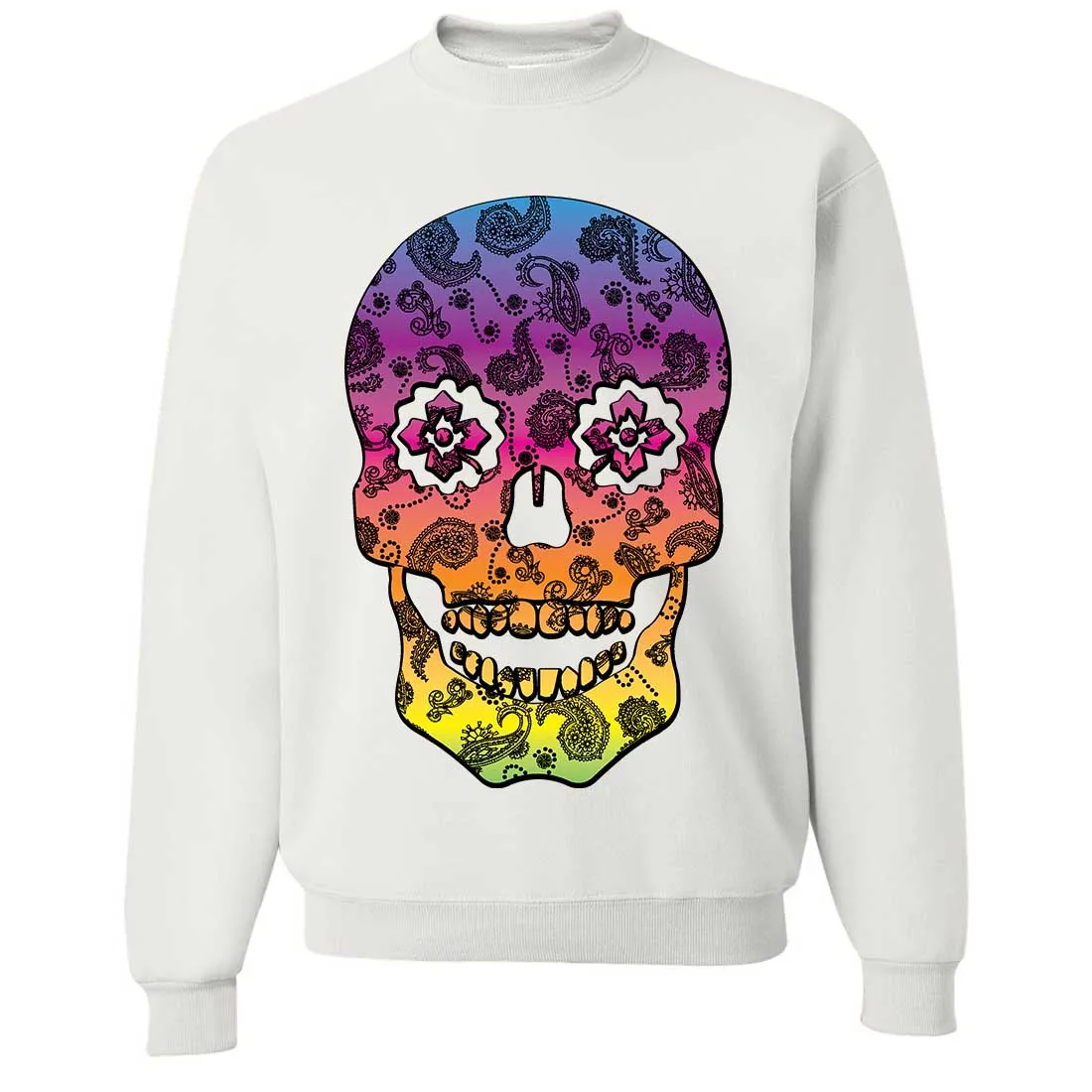 Neon Paisley Print Sugar Skull Crewneck Sweatshirt