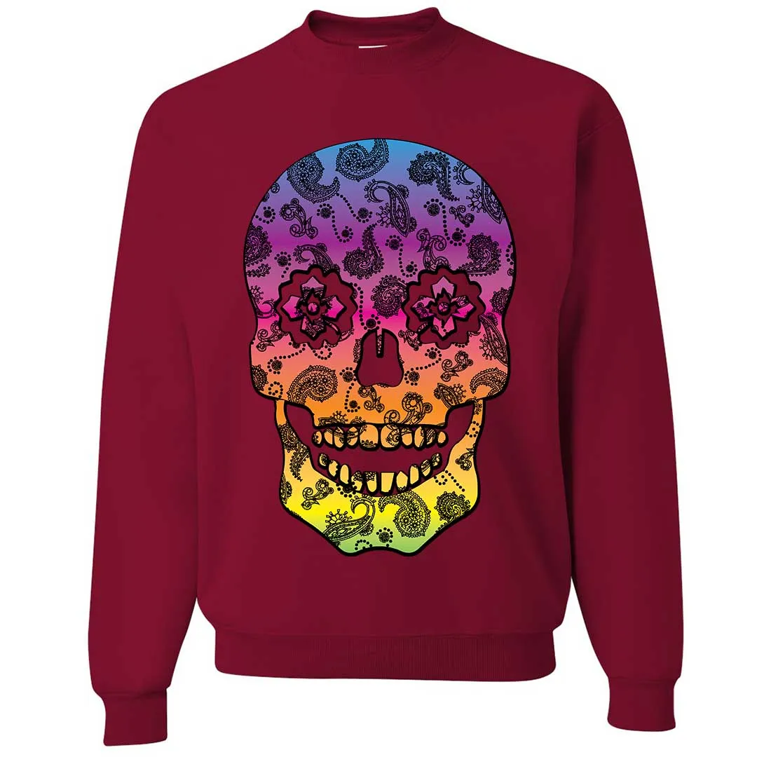 Neon Paisley Print Sugar Skull Crewneck Sweatshirt