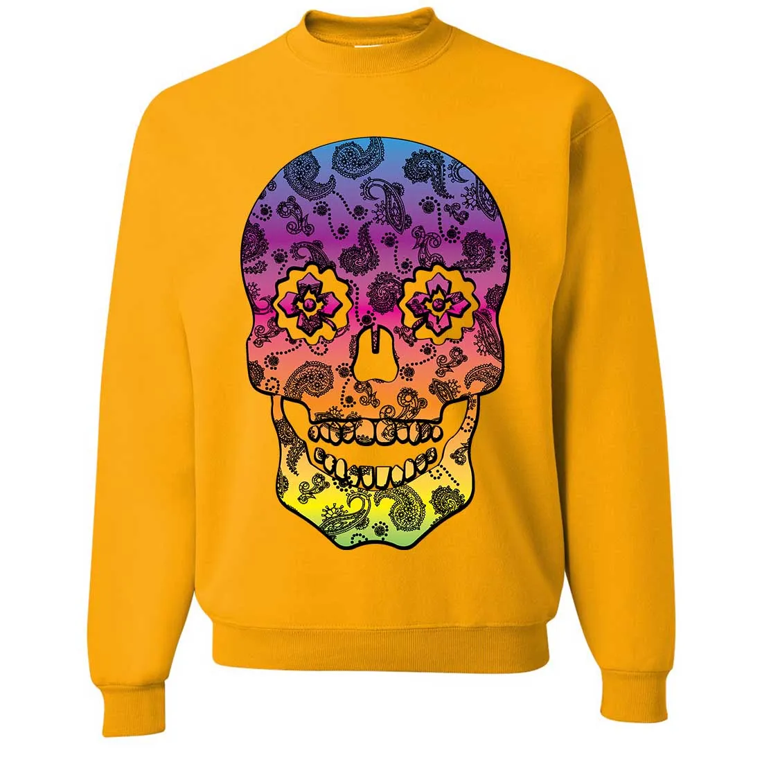 Neon Paisley Print Sugar Skull Crewneck Sweatshirt