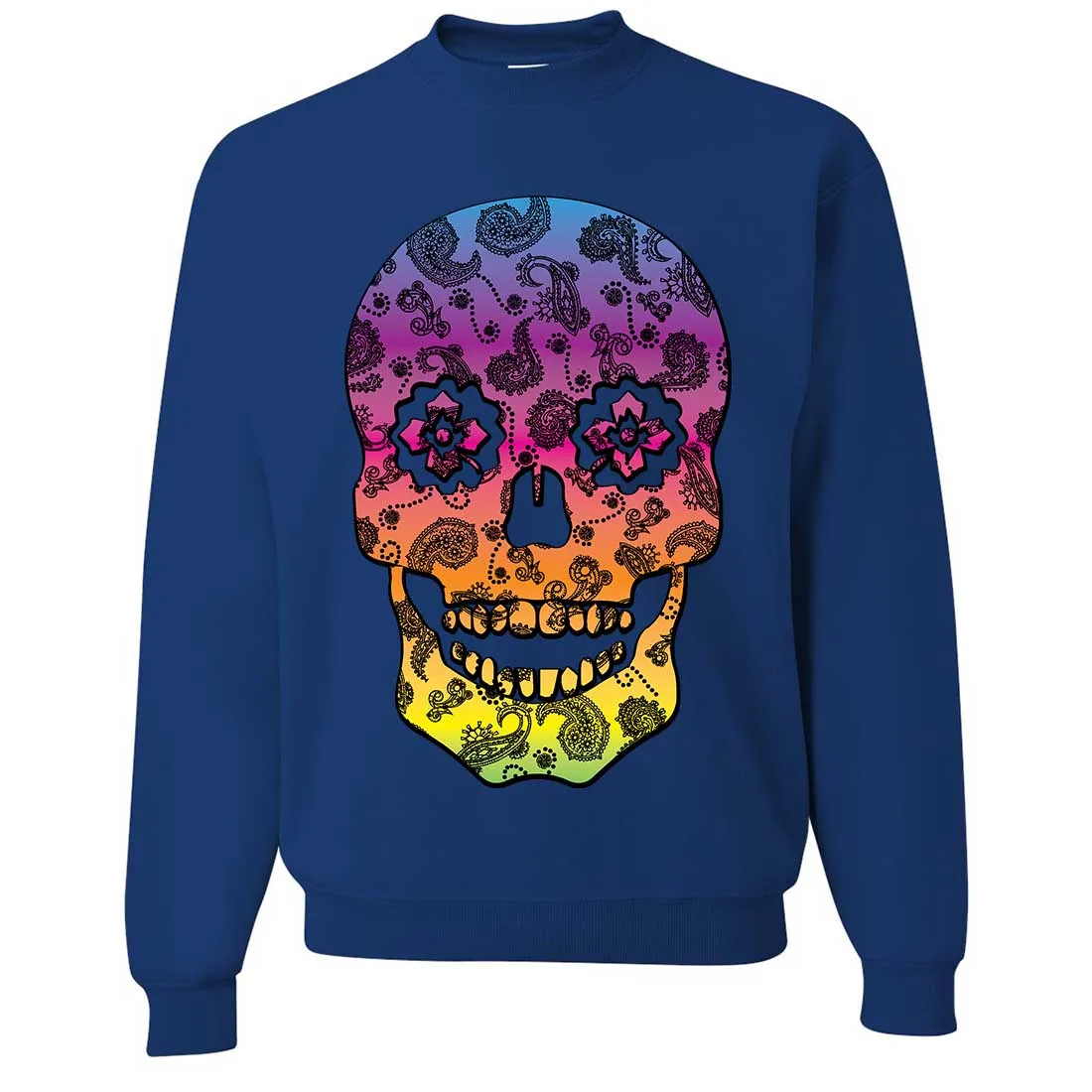 Neon Paisley Print Sugar Skull Crewneck Sweatshirt