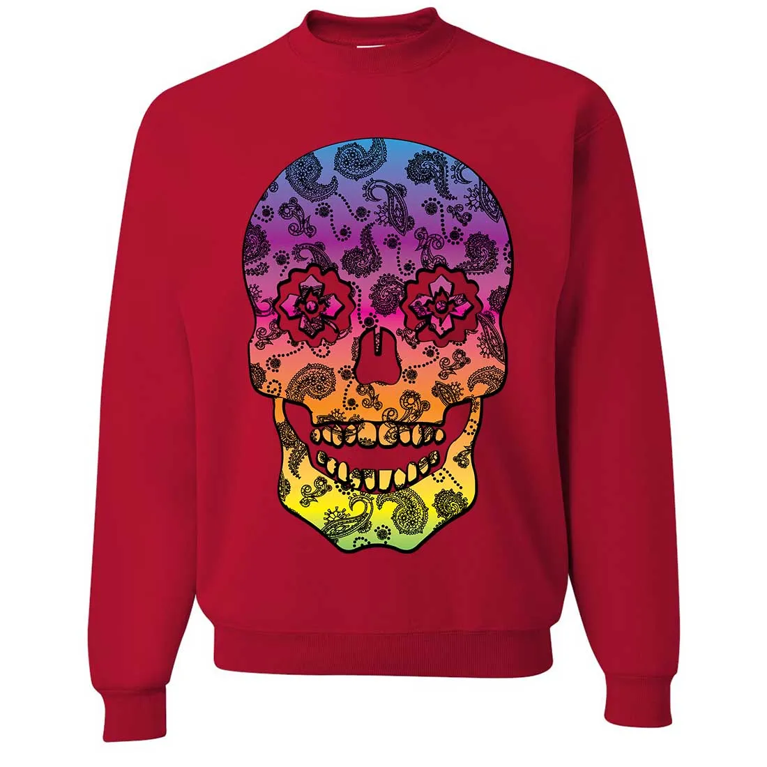 Neon Paisley Print Sugar Skull Crewneck Sweatshirt