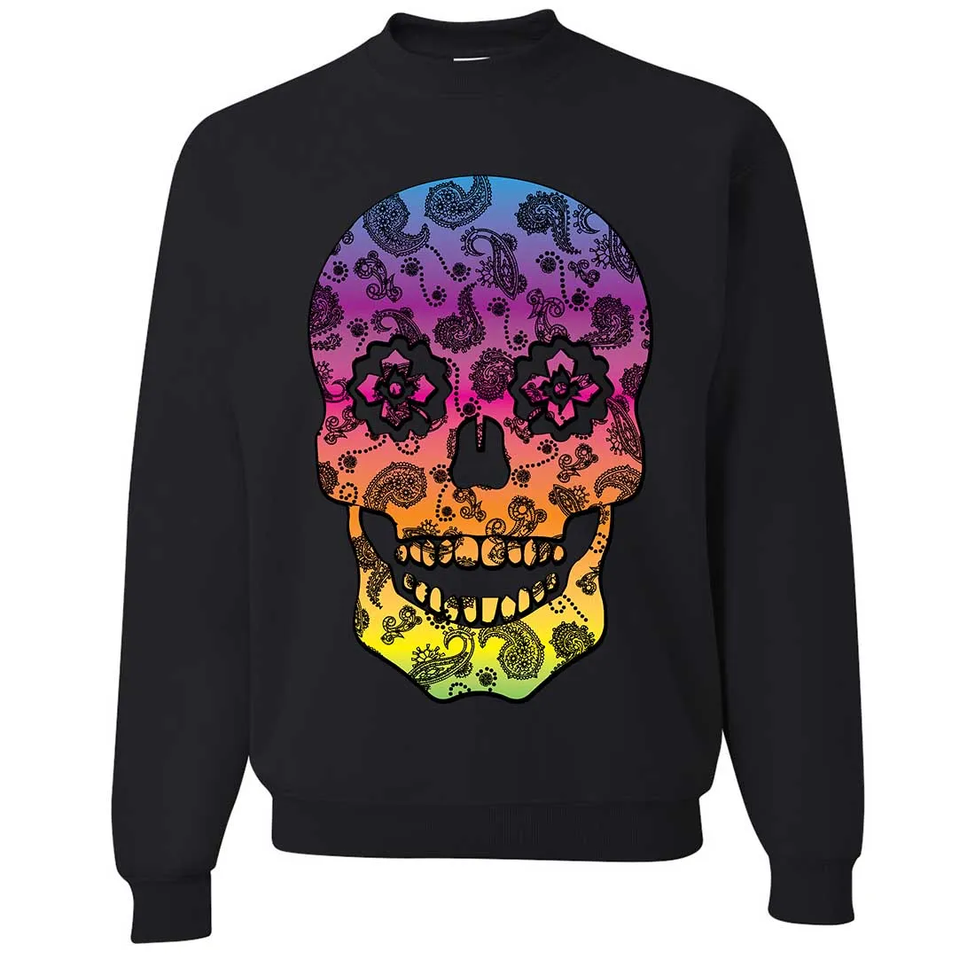 Neon Paisley Print Sugar Skull Crewneck Sweatshirt