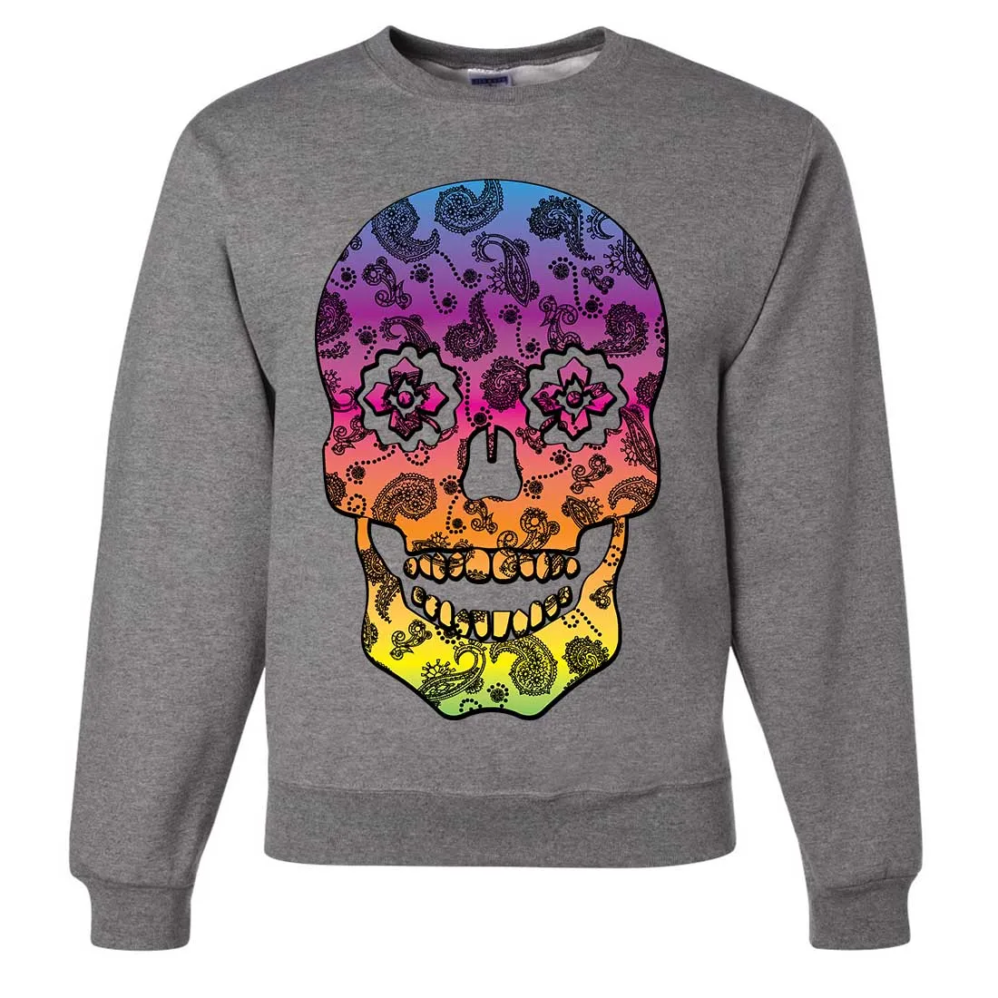Neon Paisley Print Sugar Skull Crewneck Sweatshirt