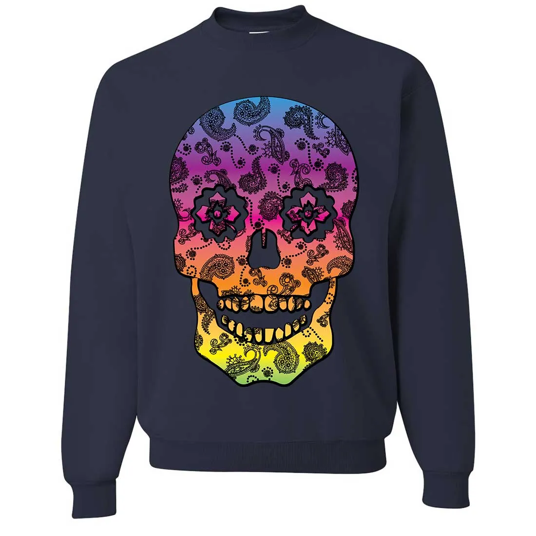 Neon Paisley Print Sugar Skull Crewneck Sweatshirt