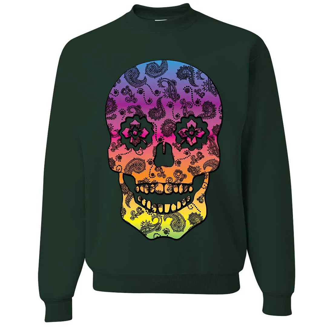 Neon Paisley Print Sugar Skull Crewneck Sweatshirt