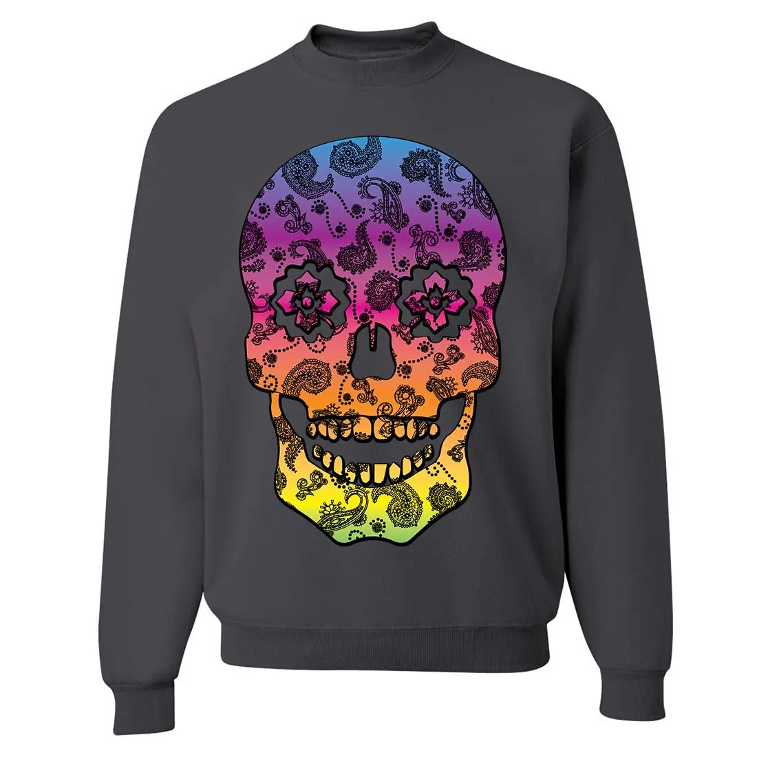 Neon Paisley Print Sugar Skull Crewneck Sweatshirt