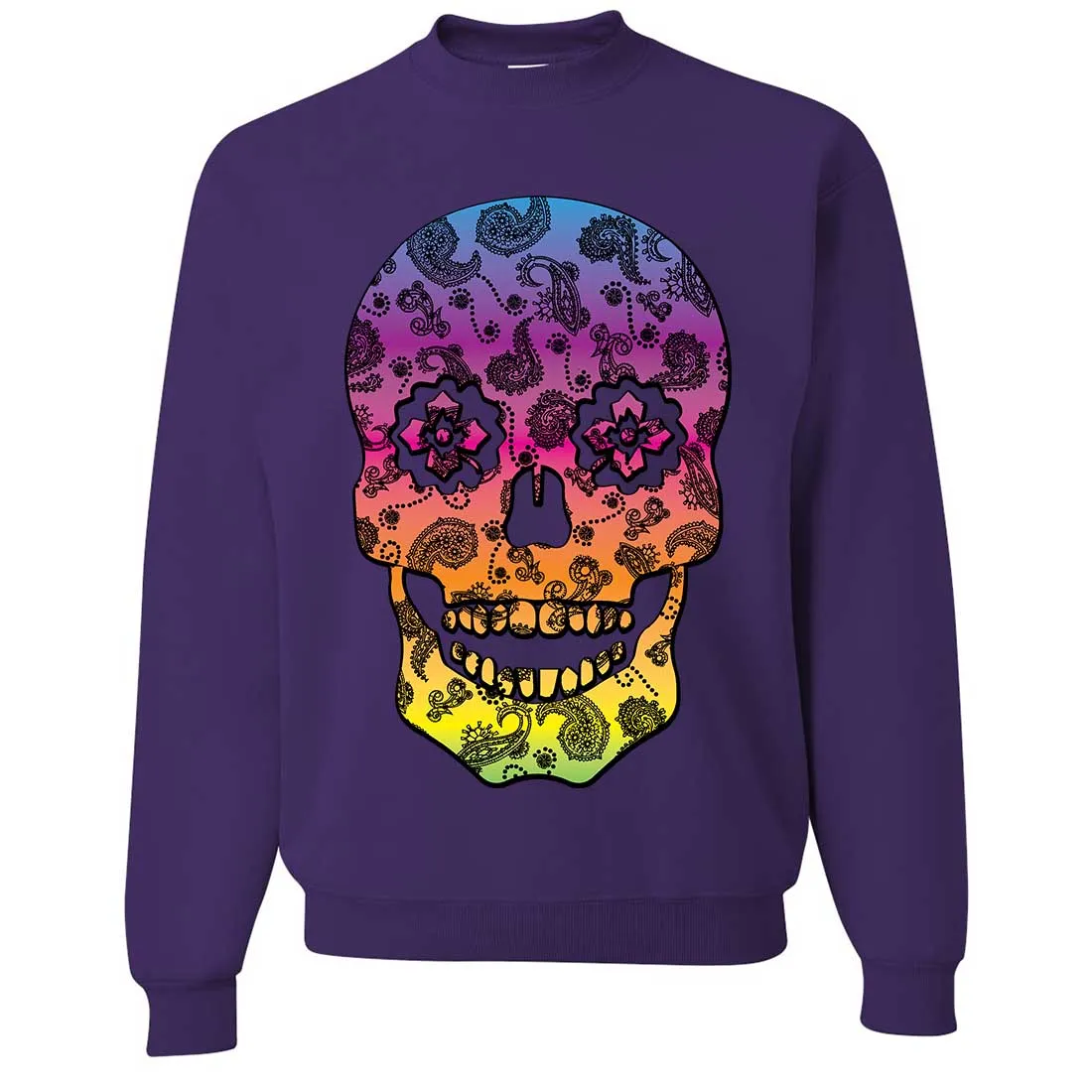 Neon Paisley Print Sugar Skull Crewneck Sweatshirt