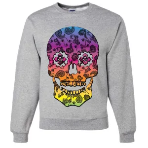 Neon Paisley Print Sugar Skull Crewneck Sweatshirt