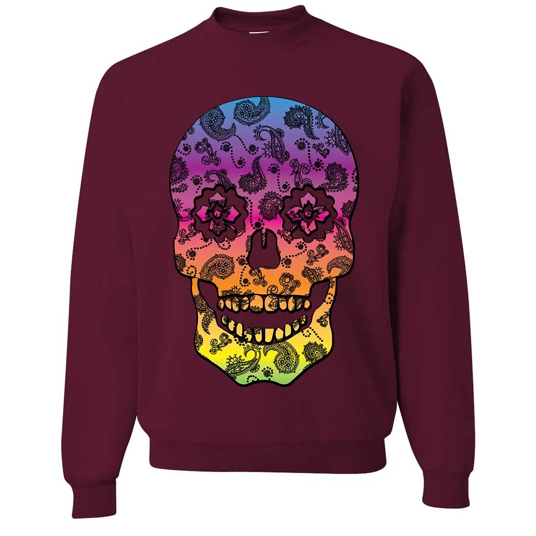 Neon Paisley Print Sugar Skull Crewneck Sweatshirt