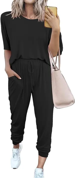 NEW PRETTYGARDEN Women's Two Piece Outfit Short Sleeve Pullover with Drawstring Long Pants Tracksuit Jogger Set, Black, Sz L, Retails $64 