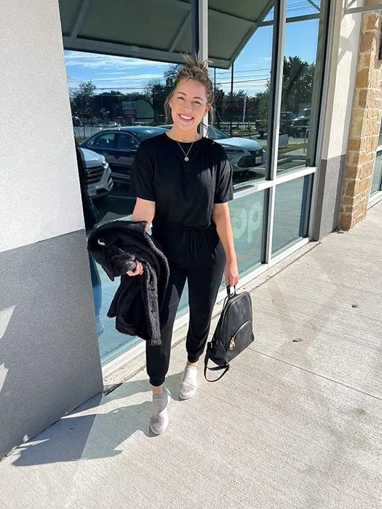 NEW PRETTYGARDEN Women's Two Piece Outfit Short Sleeve Pullover with Drawstring Long Pants Tracksuit Jogger Set, Black, Sz XL, Retails $64 