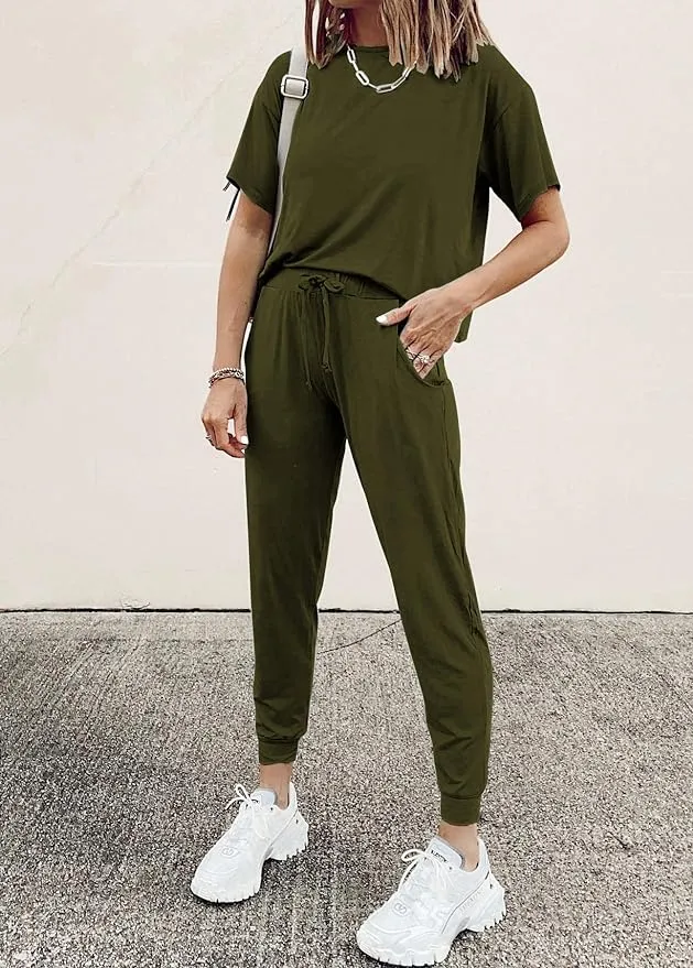 New PRETTYGARDEN Women's Two Piece Outfit Short Sleeve Pullover with Drawstring Long Pants Tracksuit Jogger Set in Army Green Sz 2X! Fits XL-2X