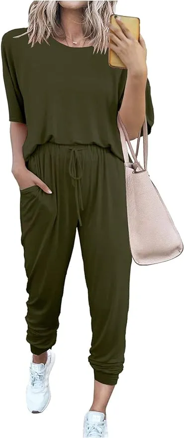 New PRETTYGARDEN Women's Two Piece Outfit Short Sleeve Pullover with Drawstring Long Pants Tracksuit Jogger Set in Army Green Sz 2X! Fits XL-2X