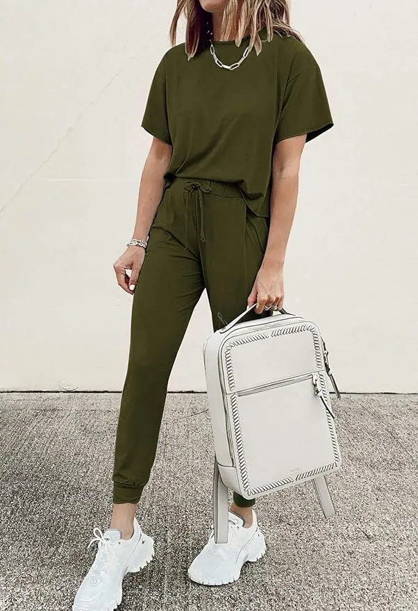 New PRETTYGARDEN Women's Two Piece Outfit Short Sleeve Pullover with Drawstring Long Pants Tracksuit Jogger Set in Army Green Sz 2X! Fits XL-2X