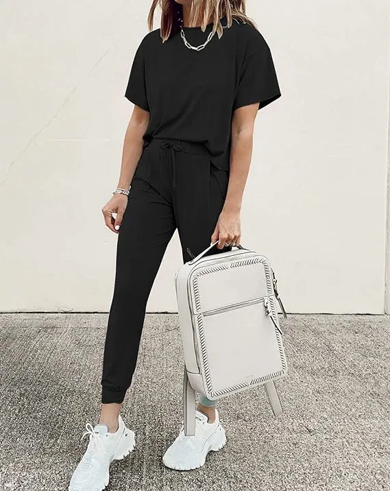 NEW PRETTYGARDEN Women's Two Piece Outfit Short Sleeve Pullover with Drawstring Long Pants Tracksuit Jogger Set, PINK, Sz XXL, Retails $64 