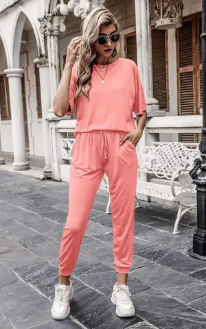 NEW PRETTYGARDEN Women's Two Piece Outfit Short Sleeve Pullover with Drawstring Long Pants Tracksuit Jogger Set, PINK, Sz XXL, Retails $64 