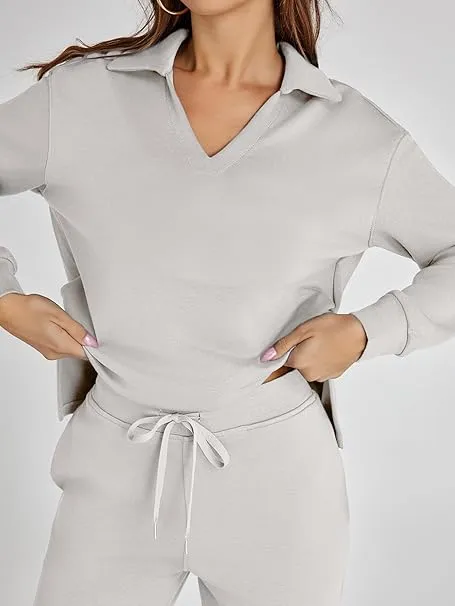 NEW Retails $68, Glamaker Women's 2 Piece Sets Outfits Casual Long Sleeve Sweatsuits Polo Top and Wide Leg Pants Matching Sets, Light Grey, Sz S