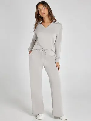 NEW Retails $68, Glamaker Women's 2 Piece Sets Outfits Casual Long Sleeve Sweatsuits Polo Top and Wide Leg Pants Matching Sets, Light Grey, Sz S