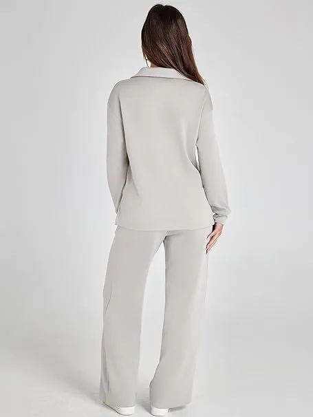 NEW Retails $68, Glamaker Women's 2 Piece Sets Outfits Casual Long Sleeve Sweatsuits Polo Top and Wide Leg Pants Matching Sets, Light Grey, Sz S