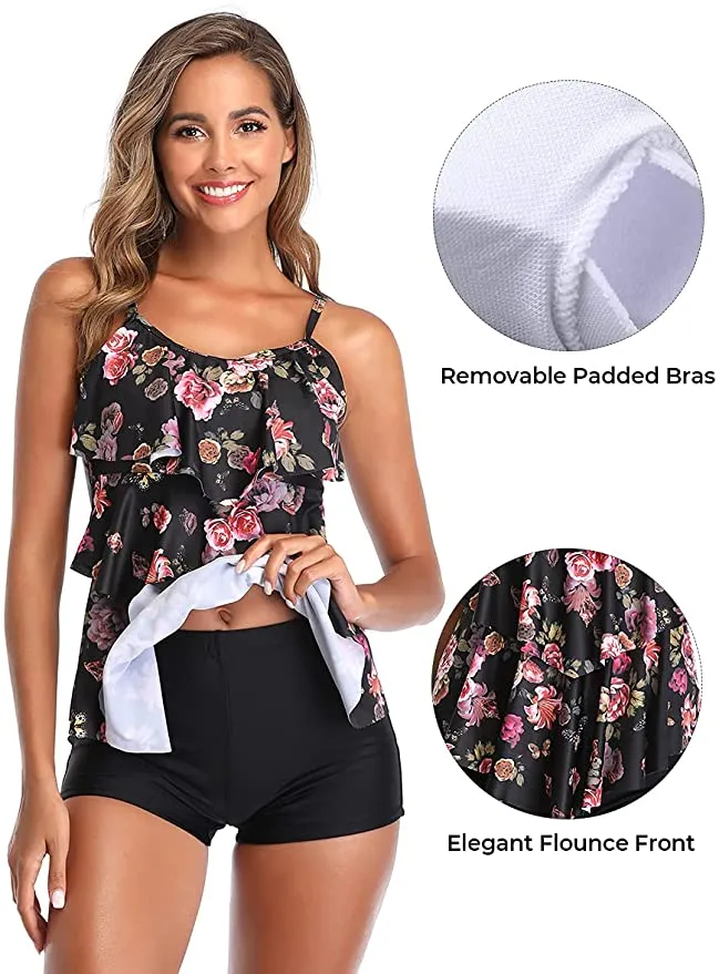New Summer Mae Women 2 Piece Flounce Printed Top with Boyshorts Tankini Bathing Suit in Black Floral, Sz L!