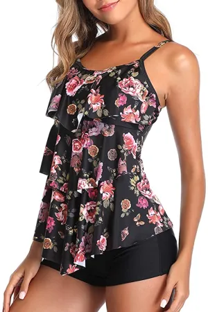 New Summer Mae Women 2 Piece Flounce Printed Top with Boyshorts Tankini Bathing Suit in Black Floral, Sz L!