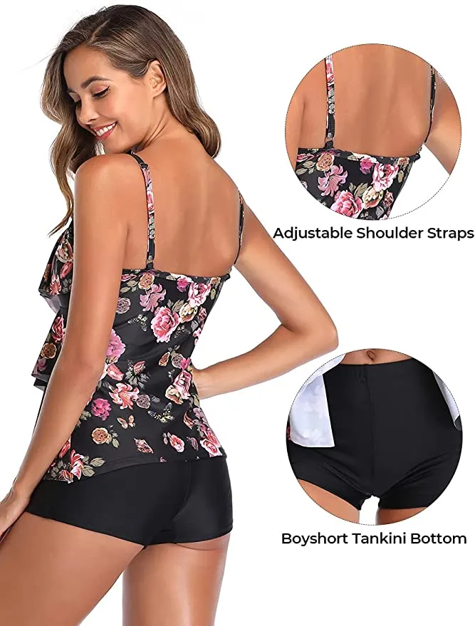 New Summer Mae Women 2 Piece Flounce Printed Top with Boyshorts Tankini Bathing Suit in Black Floral, Sz L!
